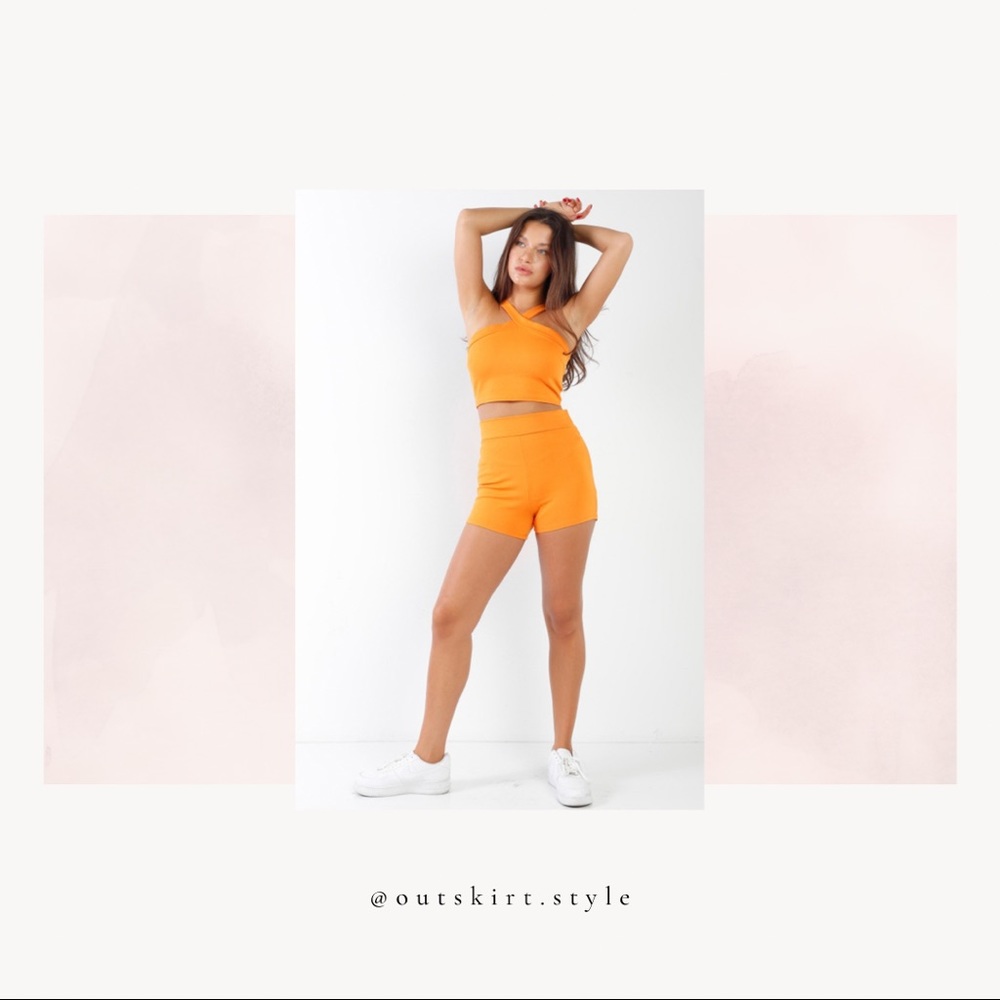 Mango Orange Sleeveless Criss-Cross Neck Tube Crop Top & High Waist Shorts SET